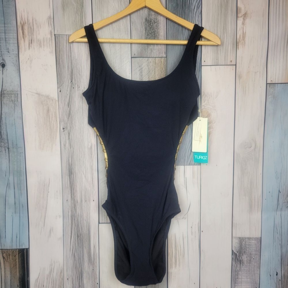 Gotrex Turkiz Black Open Back High Cut Ope Piece Swimsuit Size 12